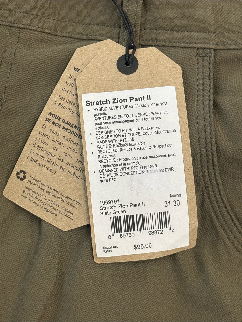 Prana Stretch Zion Pant II - Slate Green Men's Chinos